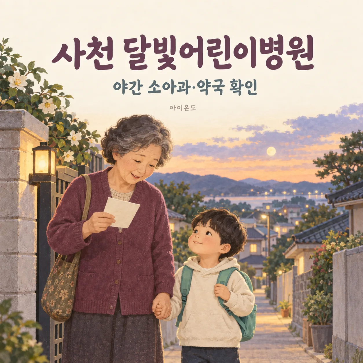 집 앞에서 할머니가 아이와 함께 방문 경로를 확인하는 사천 달빛어린이병원 이용 안내 일러스트