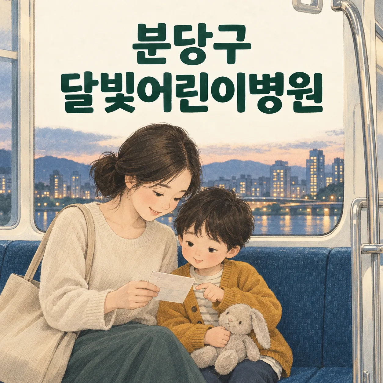 지하철 좌석에서 메모를 확인하는 보호자와 아이를 그린 분당구 달빛어린이병원 이용 안내 그림