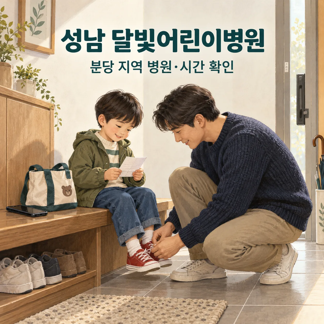 성남 달빛어린이병원 안내: 현관 벤치에서 아빠가 아이의 빨간 신발끈을 묶어 주는 일러스트