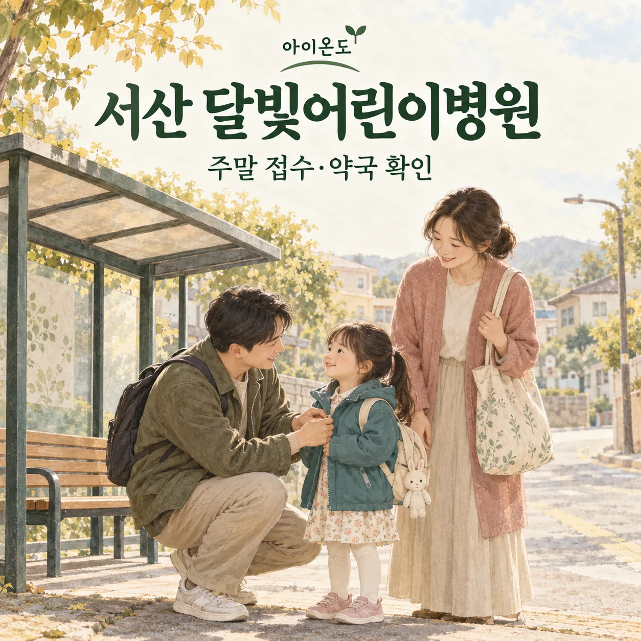 서산 달빛어린이병원 안내: 버스정류장에서 아버지가 아이의 재킷 지퍼를 올리고 어머니가 가방을 든 일러스트