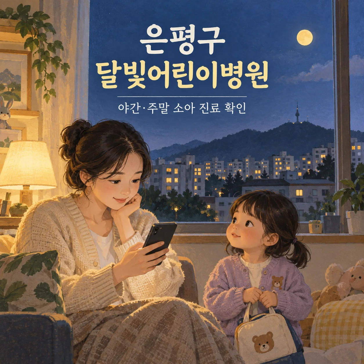 은평구 달빛어린이병원 방문 전 집에서 휴대전화로 시간을 확인하는 보호자와 아이의 안내 삽화
