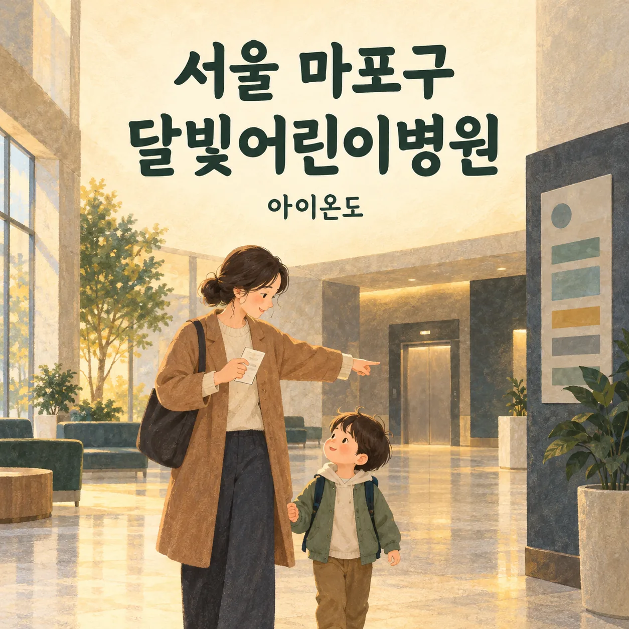 서울 마포구 달빛어린이병원 방문을 준비하며 가상의 건물 로비에서 목적지를 살피는 보호자와 아이의 안내 삽화