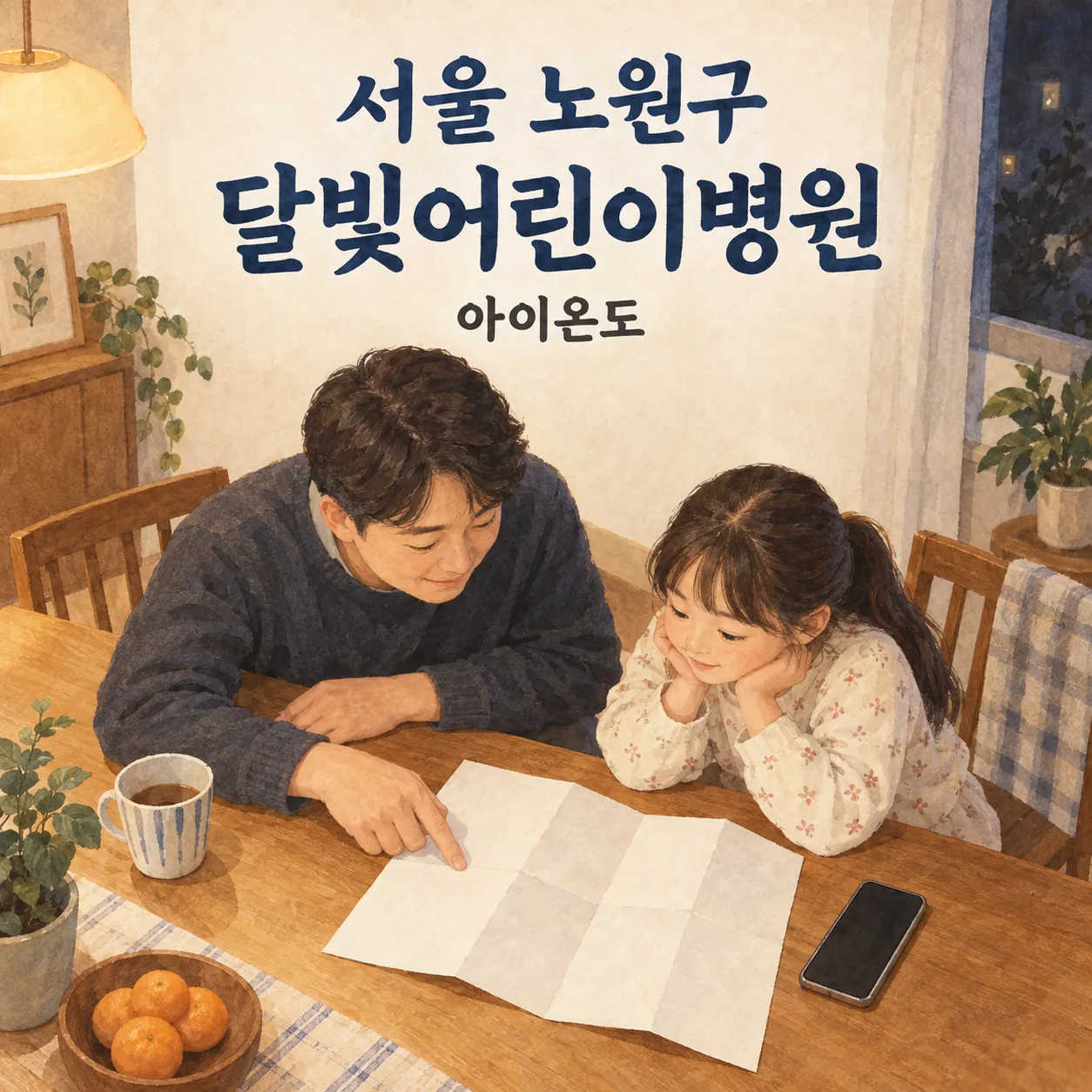 서울 노원구 달빛어린이병원 방문을 준비하며 저녁 집 식탁에서 빈 종이와 전화기를 함께 살펴보는 아빠와 딸의 삽화