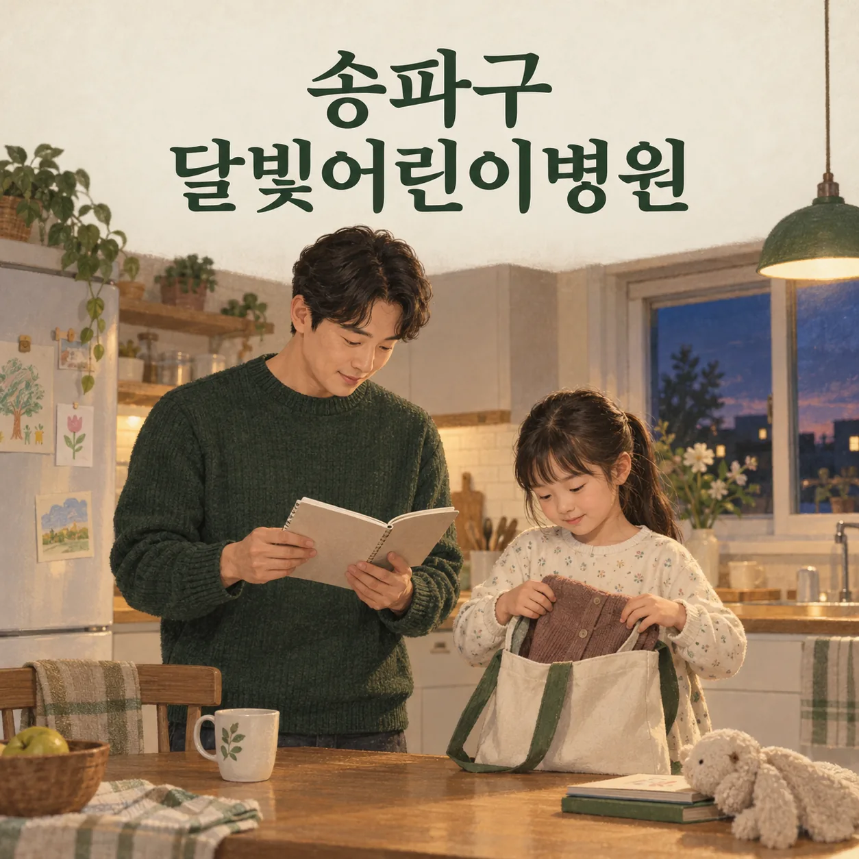 외출 가방을 준비하는 아이와 메모를 확인하는 보호자를 그린 송파구 달빛어린이병원 이용 안내 그림