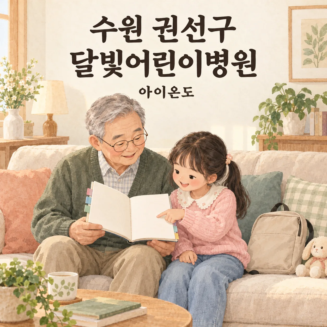 수원 권선구 달빛어린이병원 방문을 준비하며 집 안 소파에서 빈 수첩을 함께 살펴보는 할아버지와 아이의 삽화