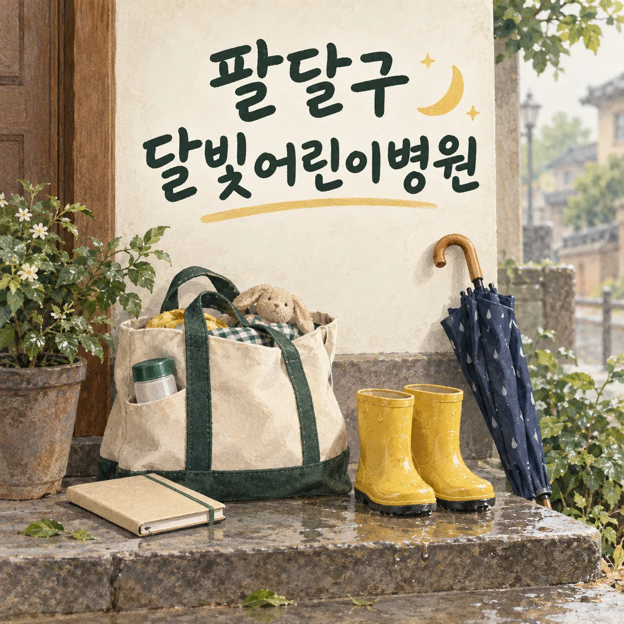 현관 앞 아이의 노란 장화와 접은 우산, 외출 가방을 그린 팔달구 달빛어린이병원 이용 안내 그림