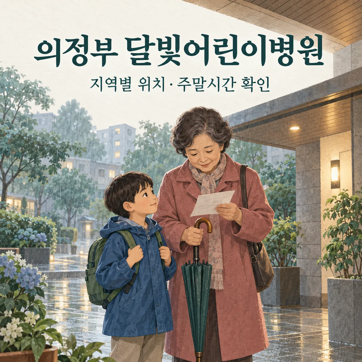 의정부 달빛어린이병원 안내: 우산을 든 보호자와 아이가 출발 전 주소를 확인하는 일러스트
