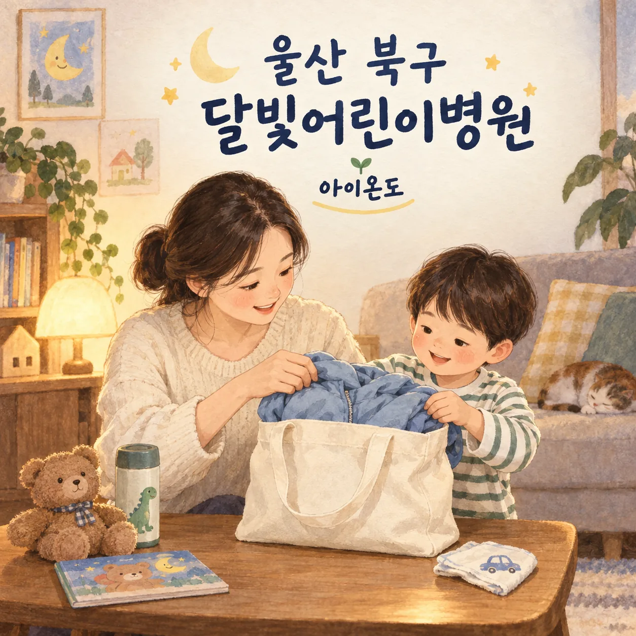 울산 북구 달빛어린이병원 이용 안내를 위한 집에서 외출 가방에 외투를 넣는 보호자와 아이의 삽화