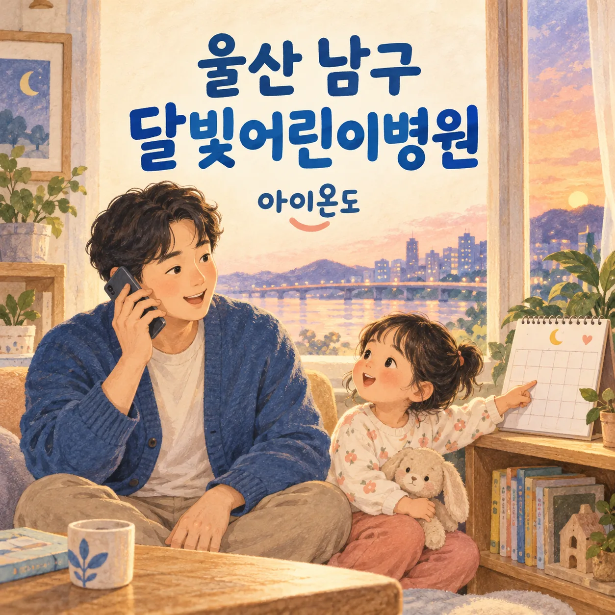 울산 남구 달빛어린이병원 이용 안내를 위한 집에서 전화하는 보호자와 달력을 가리키는 아이의 삽화