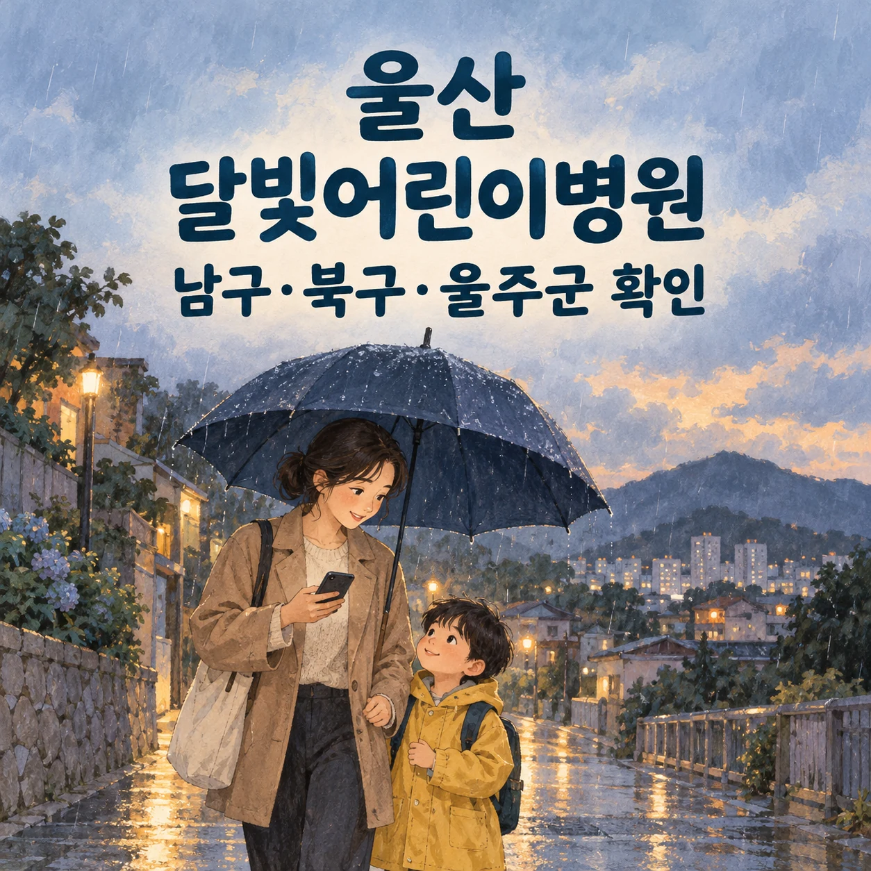 울산 달빛어린이병원 남구·북구·울주군 확인 안내: 보호자와 아이가 우산 아래에서 휴대전화로 방문 정보를 살피는 일러스트