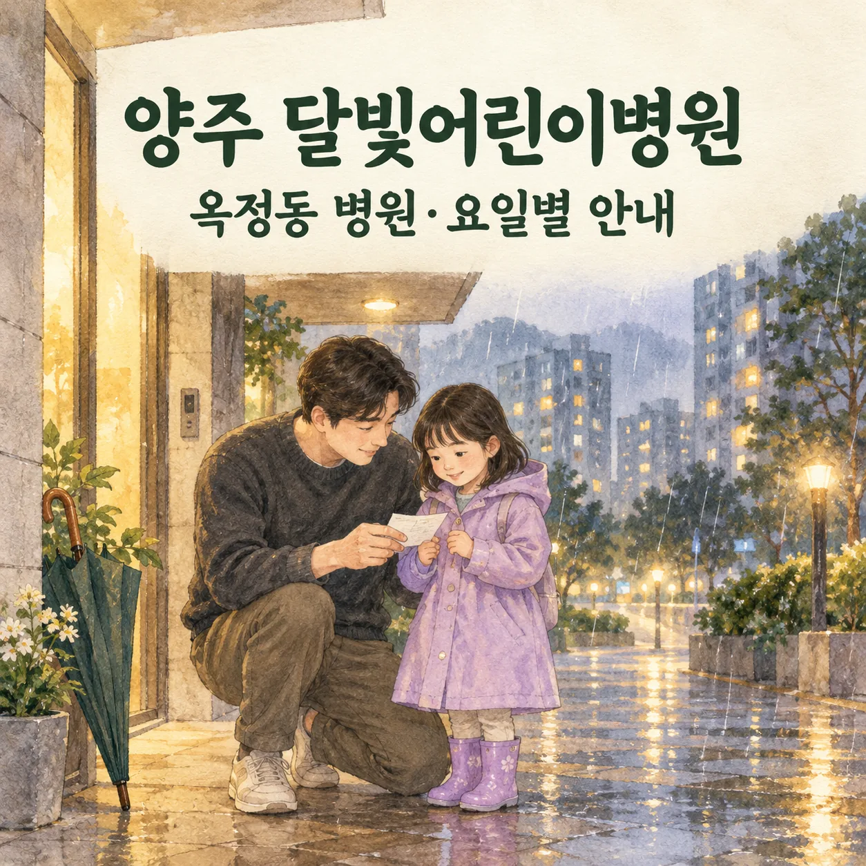 양주 달빛어린이병원 안내: 비 오는 날 현관에서 보호자가 우비를 입은 아이와 메모를 확인하는 일러스트
