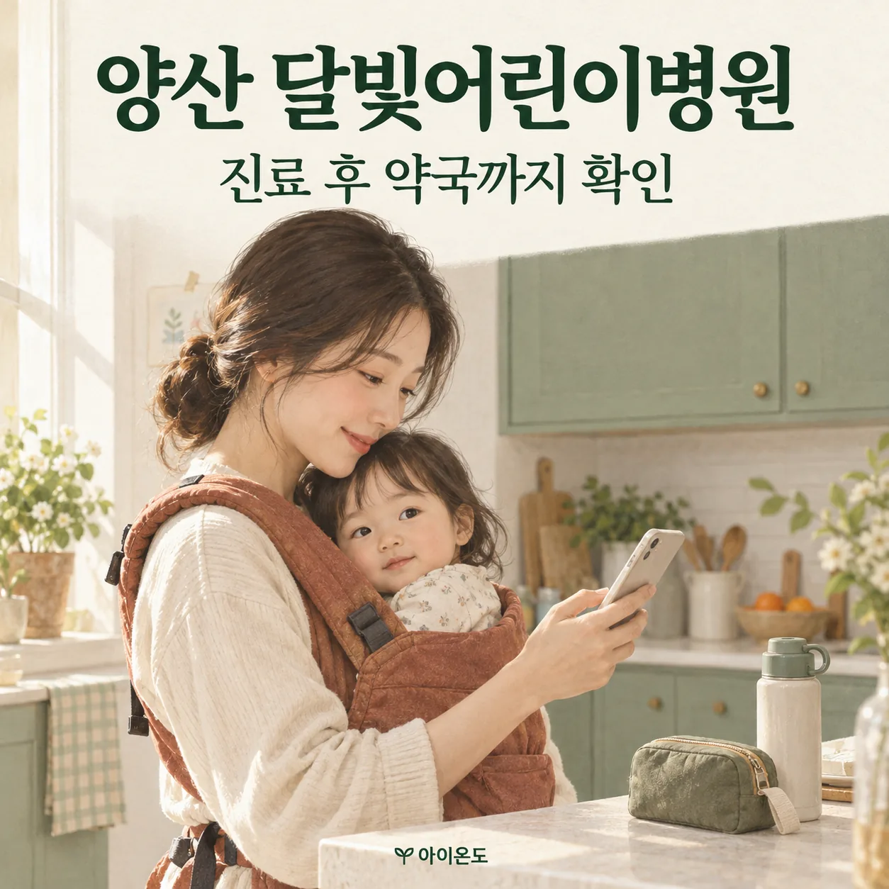 양산 달빛어린이병원 진료 후 약국 확인 안내: 아기띠를 맨 보호자가 부엌에서 휴대전화와 외출 준비물을 확인하는 일러스트
