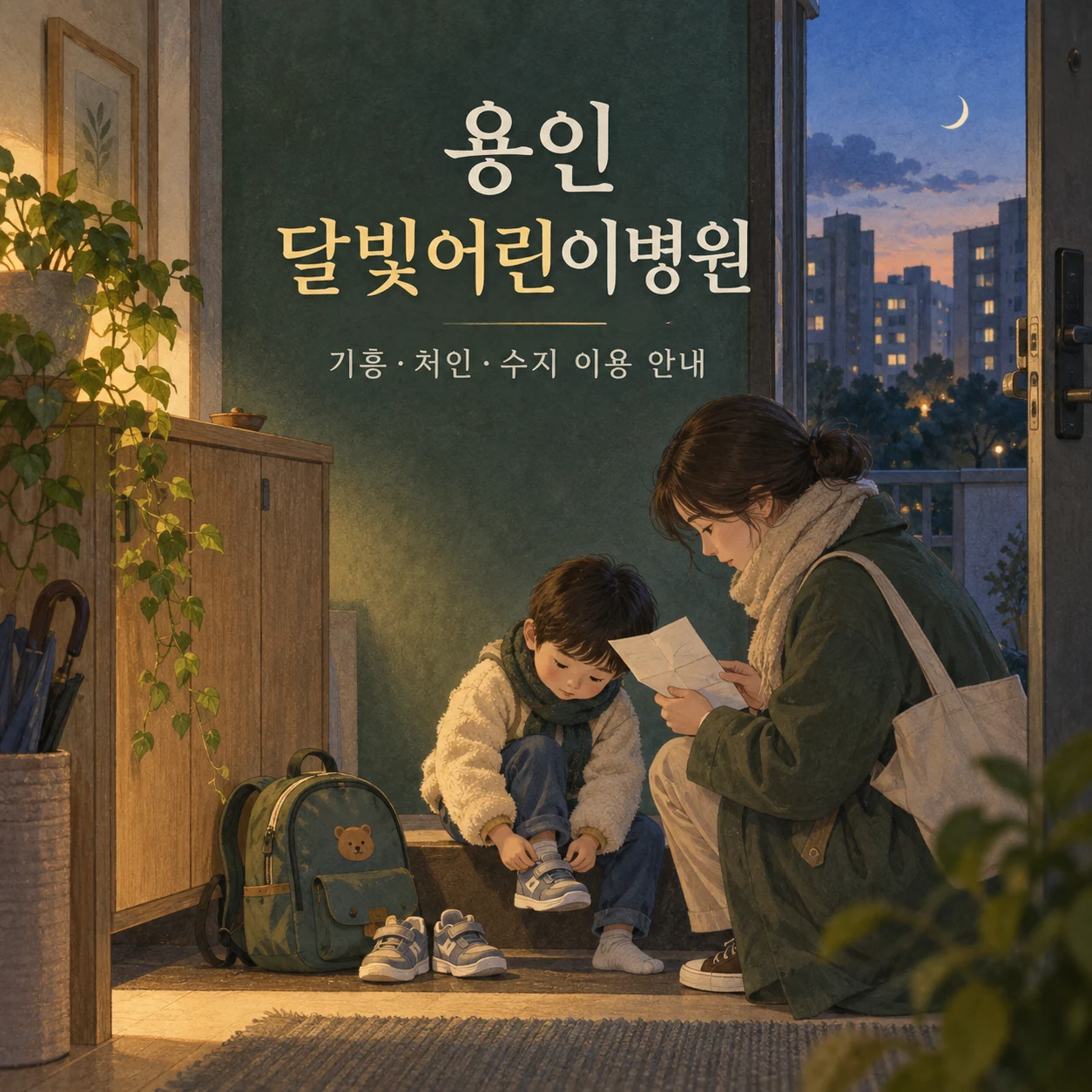 용인 달빛어린이병원 기흥·처인·수지 이용 안내: 보호자가 이동 경로를 살피고 아이가 신발을 신는 일러스트