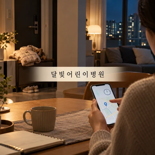 저녁에 아이의 외출을 준비하며 병원 위치와 시간을 확인하는 상황을 표현한 AI 이미지