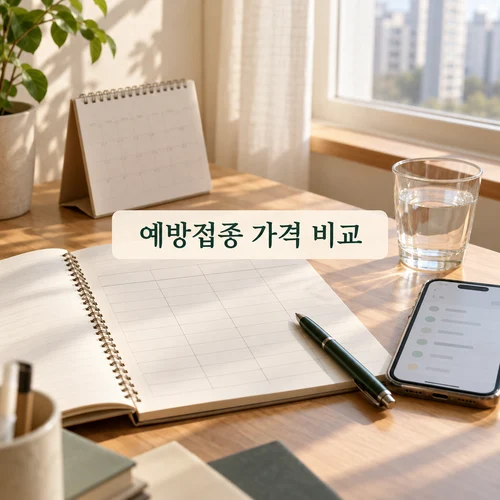 달력과 비교 노트로 예방접종 가격·일정을 확인하는 장면을 표현한 AI 이미지