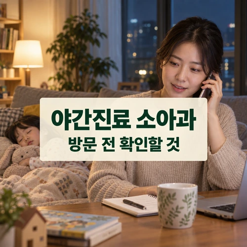 야간진료 소아과 방문 전 확인할 것 — 보호자가 전화로 정보를 확인하는 AI 생성 안내 이미지