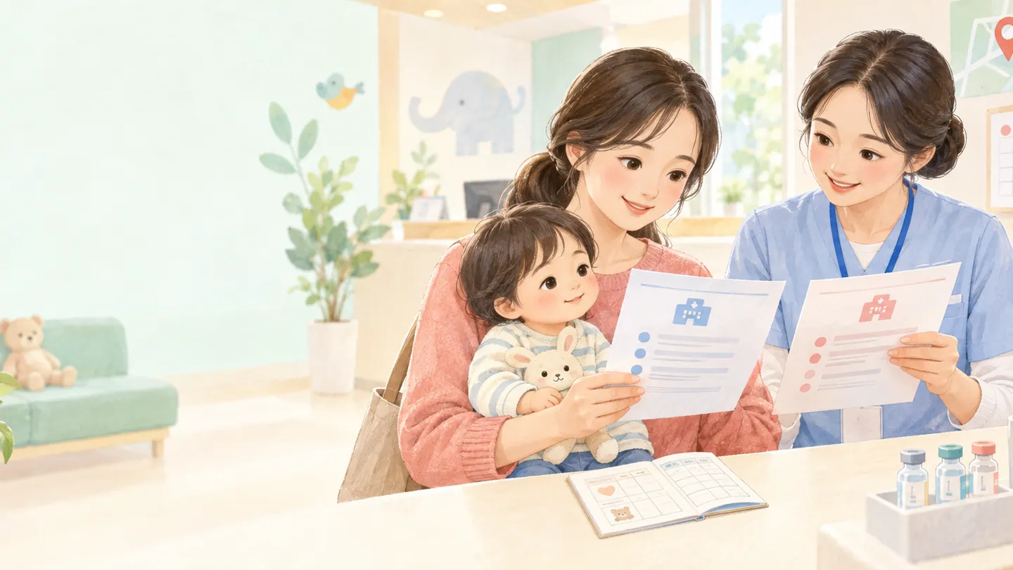 서로 다른 예방접종 안내서를 비교하며 제품과 용량을 확인하는 보호자 일러스트