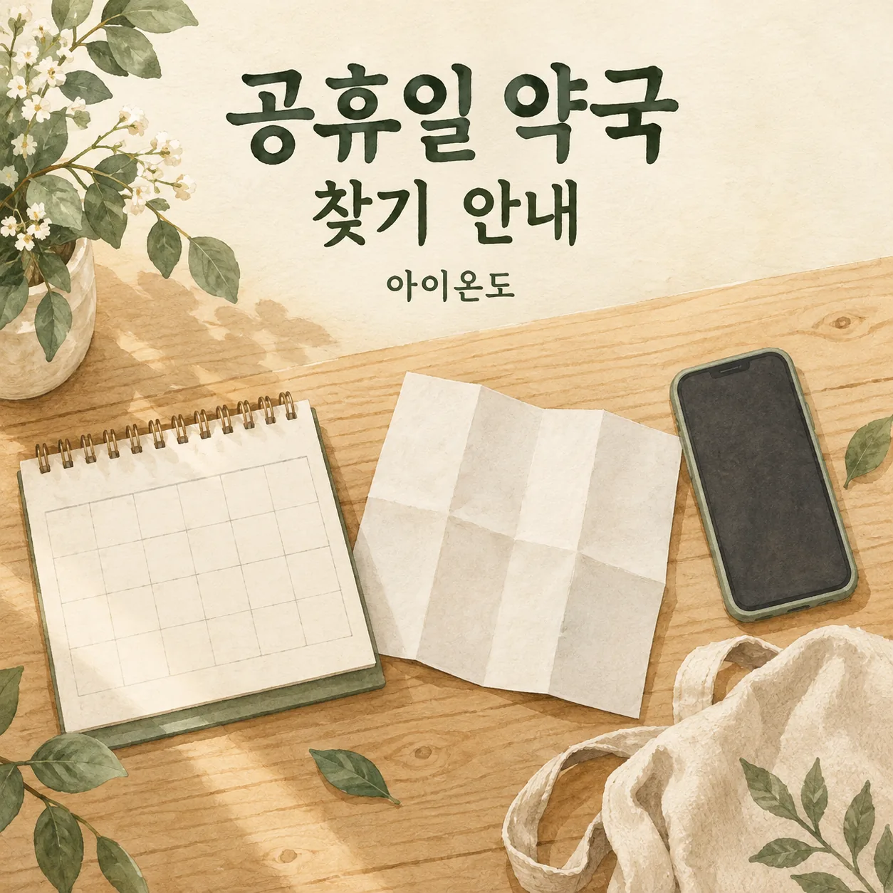 공휴일 약국 찾기 안내를 위한 빈 달력과 접힌 종이, 화면이 빈 휴대전화와 천 가방의 가상 정물 삽화