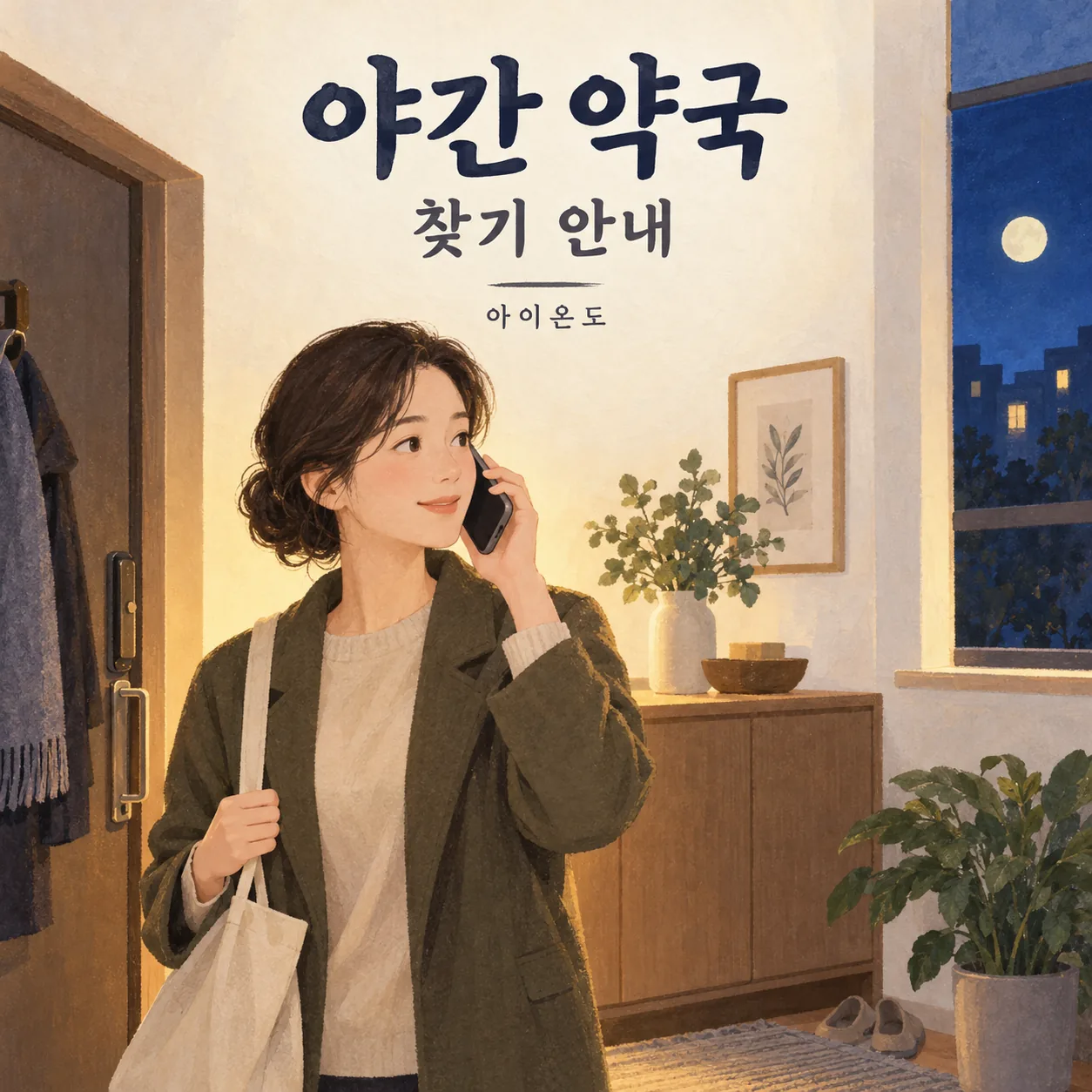 야간 약국 찾기 안내를 위해 저녁 집 현관에서 외출 전 전화로 문의하는 보호자의 가상 삽화