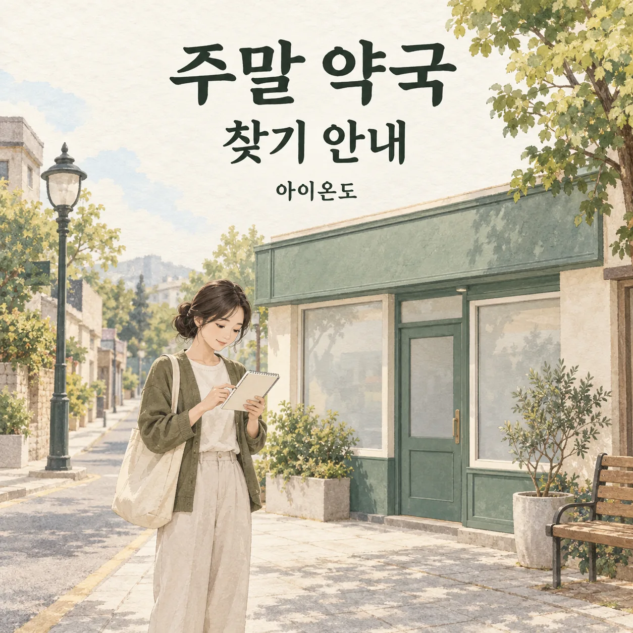 주말 약국 찾기 안내를 위한 가상의 동네 약국 외부에서 빈 수첩을 확인하는 보호자의 삽화