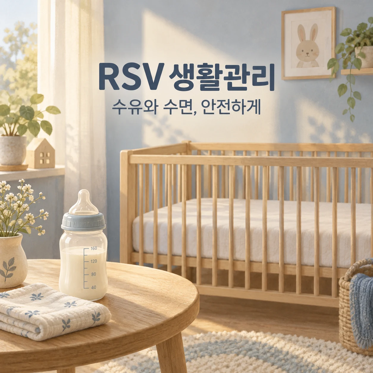 RSV 생활관리의 수유와 안전수면을 설명하는 젖병과 비어 있는 평평한 아기 침대 일러스트