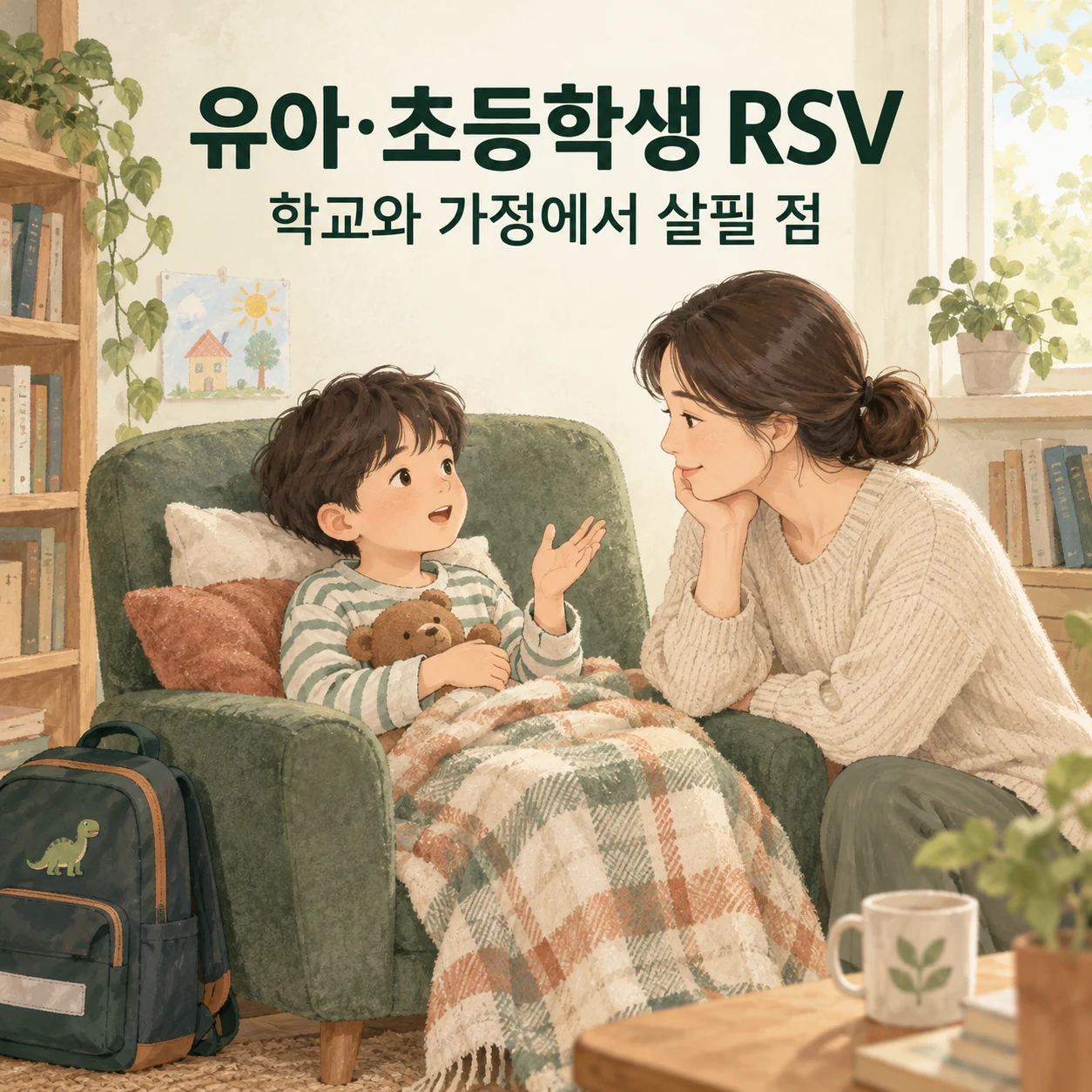 유아·초등학생 RSV 관찰을 위해 아이의 말을 듣는 보호자와 학교가방을 표현한 일러스트
