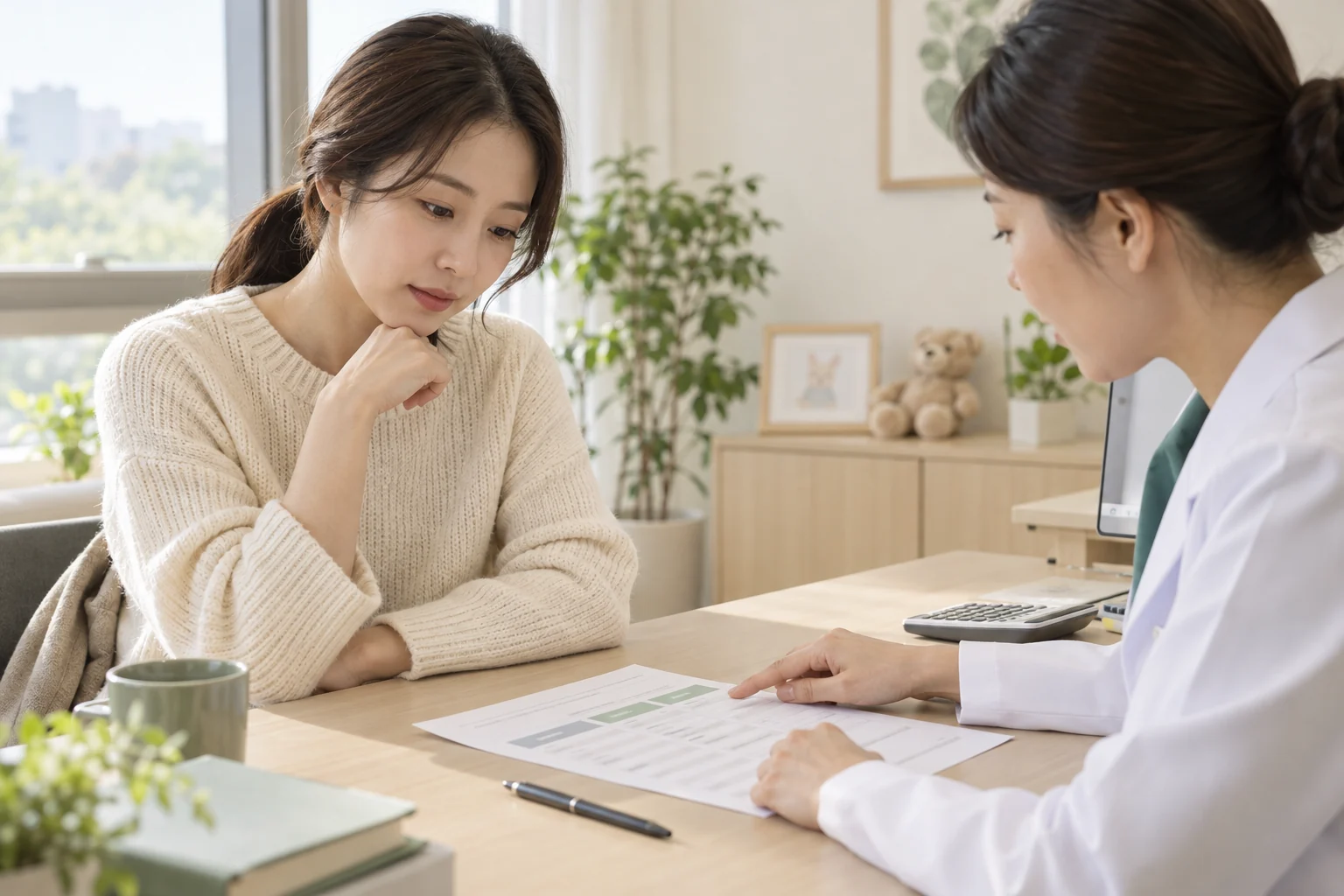 예방주사 비용 설명을 듣는 보호자를 표현한 RSV 가격 안내용 AI 이미지