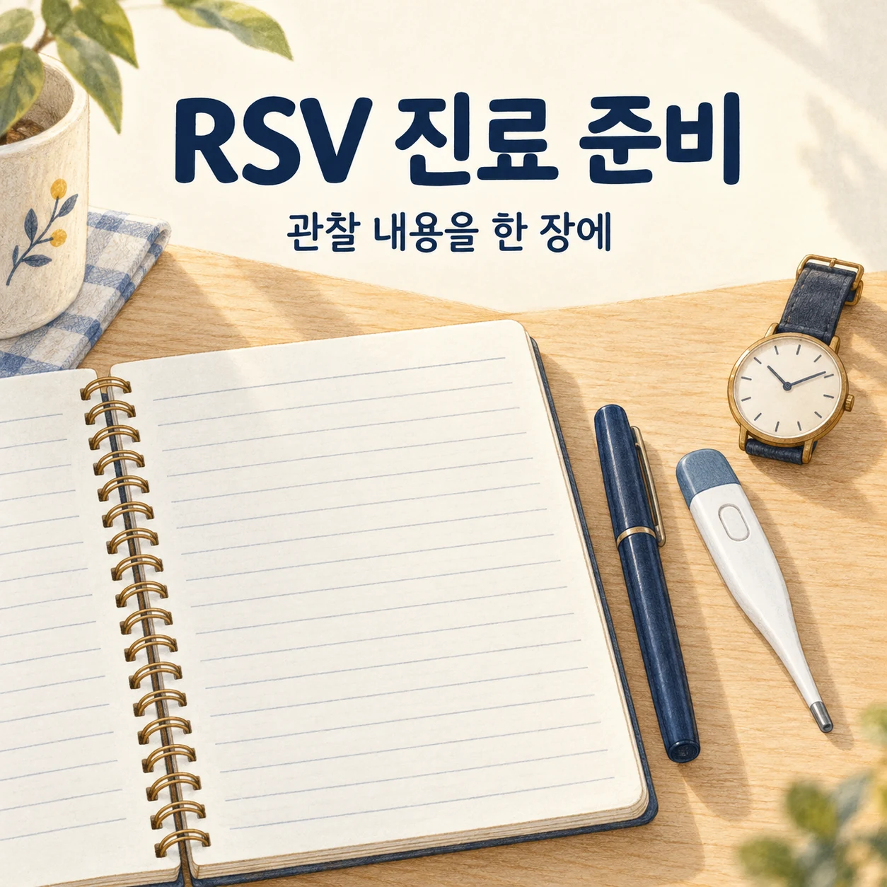 RSV 진료 준비를 위한 빈 노트와 체온계·시계를 표현한 일러스트