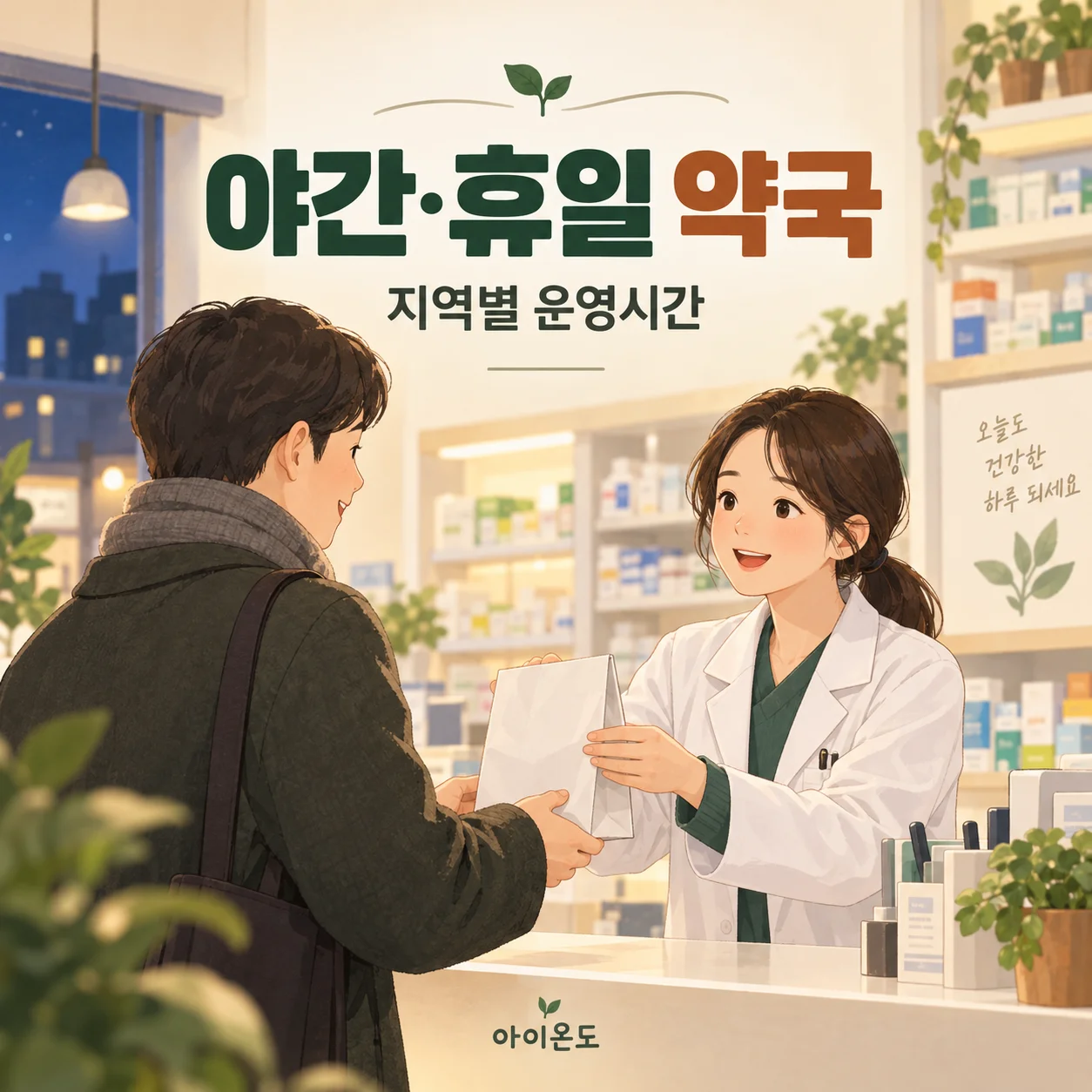 야간·휴일 약국의 지역별 운영시간 확인을 안내하는 약사와 방문자의 상담 일러스트