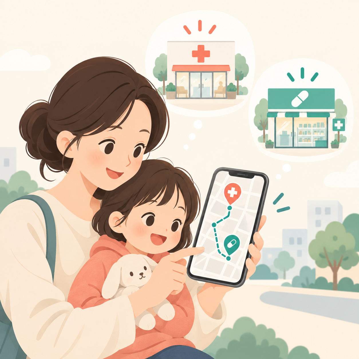 추석 연휴 문 여는 소아과와 약국을 지도에서 따로 찾는 부모와 아이 일러스트