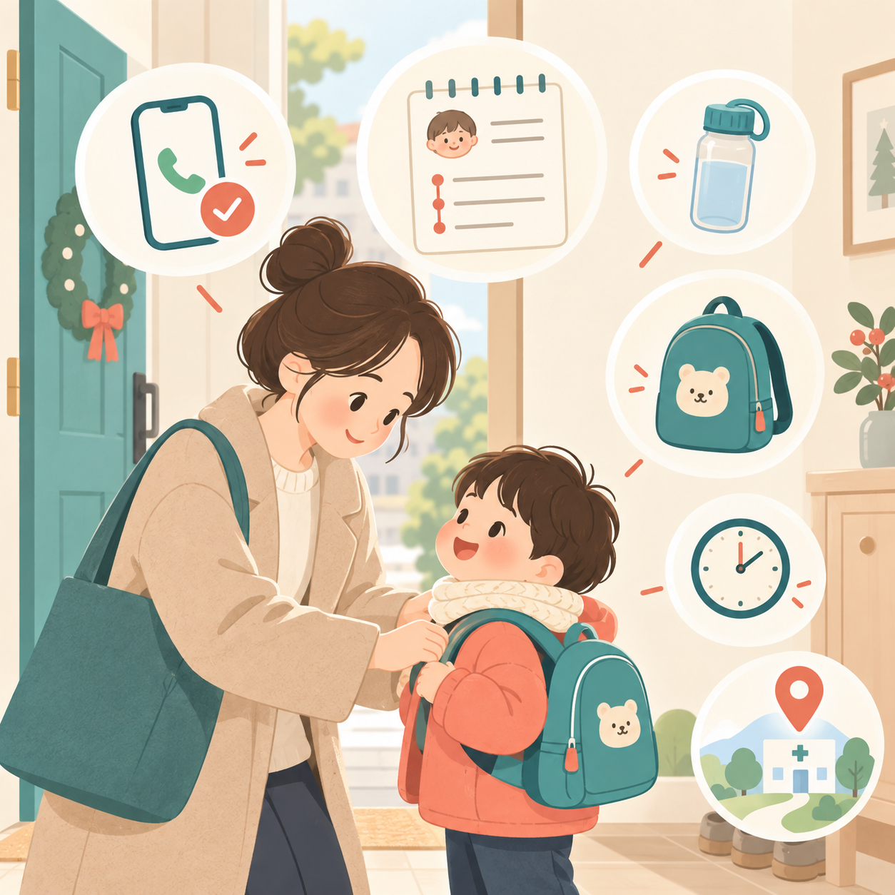 추석 연휴 아이 병원 방문 전 전화 확인과 관찰 기록, 이동 준비물을 점검하는 부모와 아이 일러스트