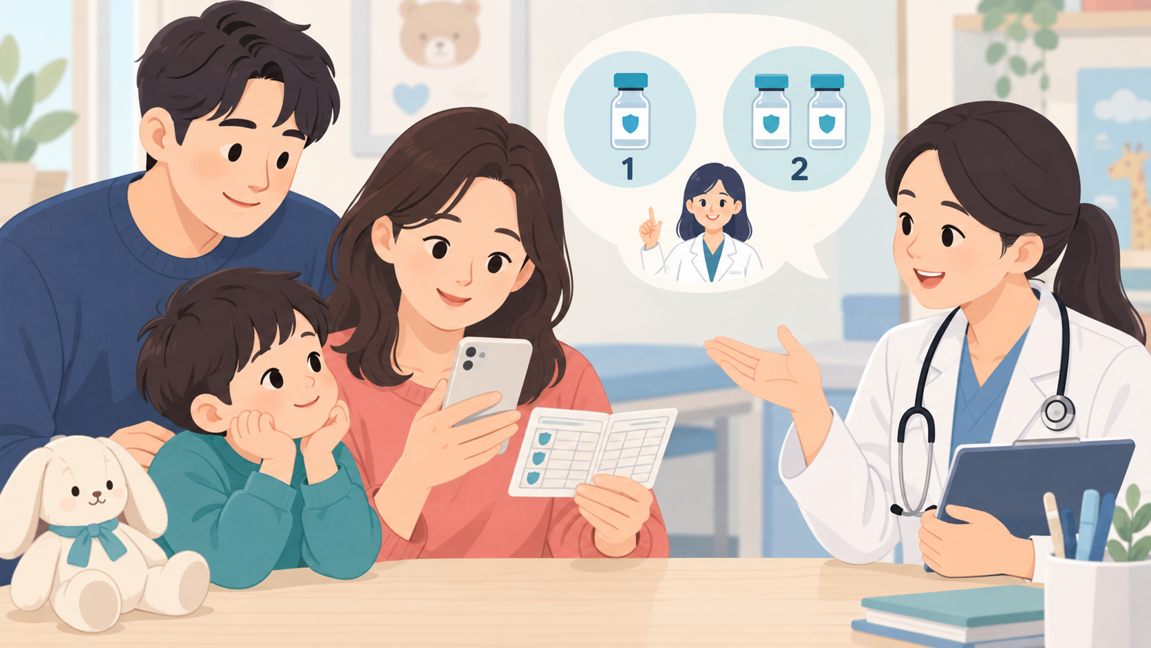 부모가 아이의 독감 예방접종 기록을 의료진과 함께 확인하는 일러스트