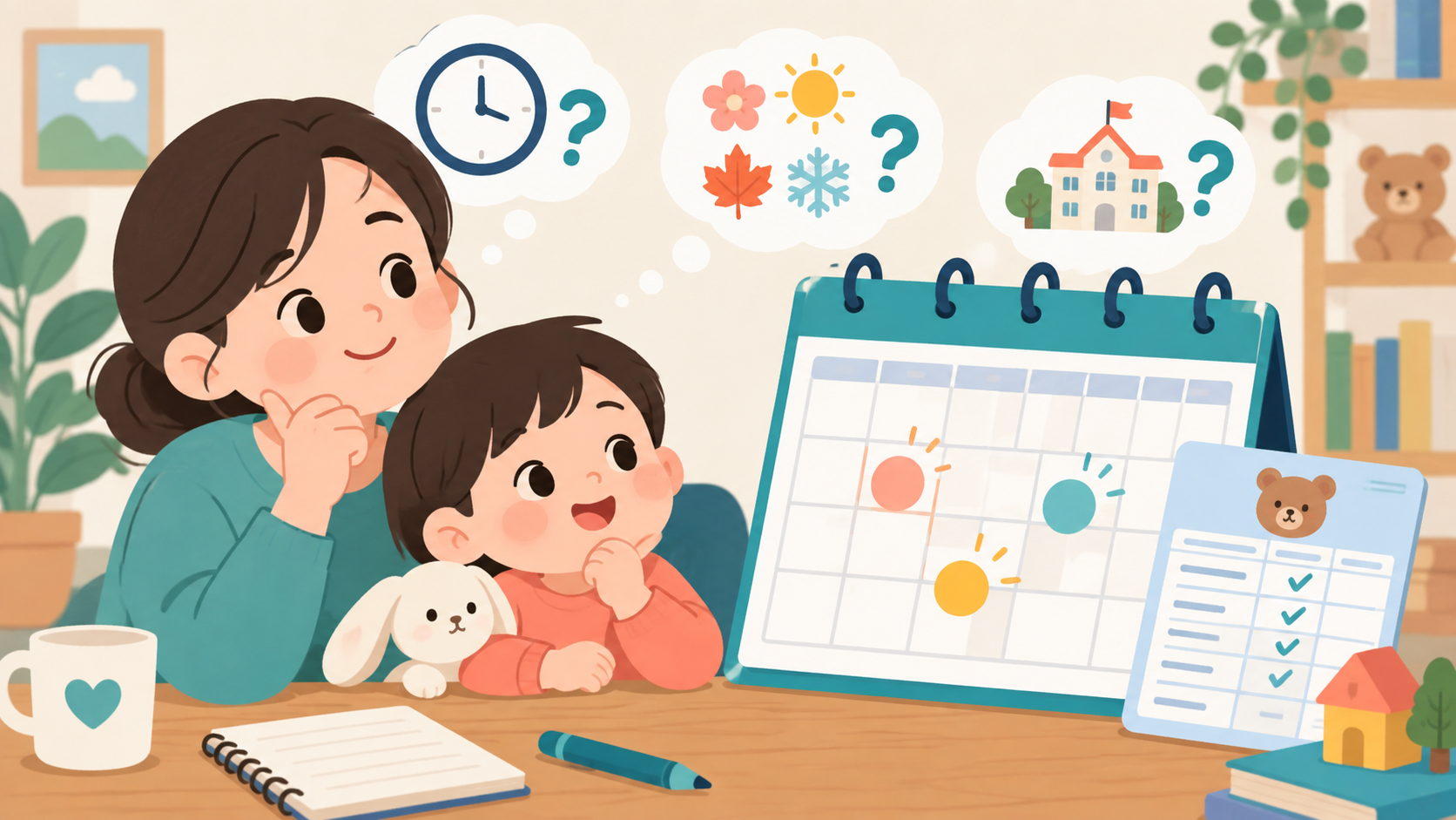 보호자와 아이가 달력과 예방접종 기록표를 확인하는 일러스트