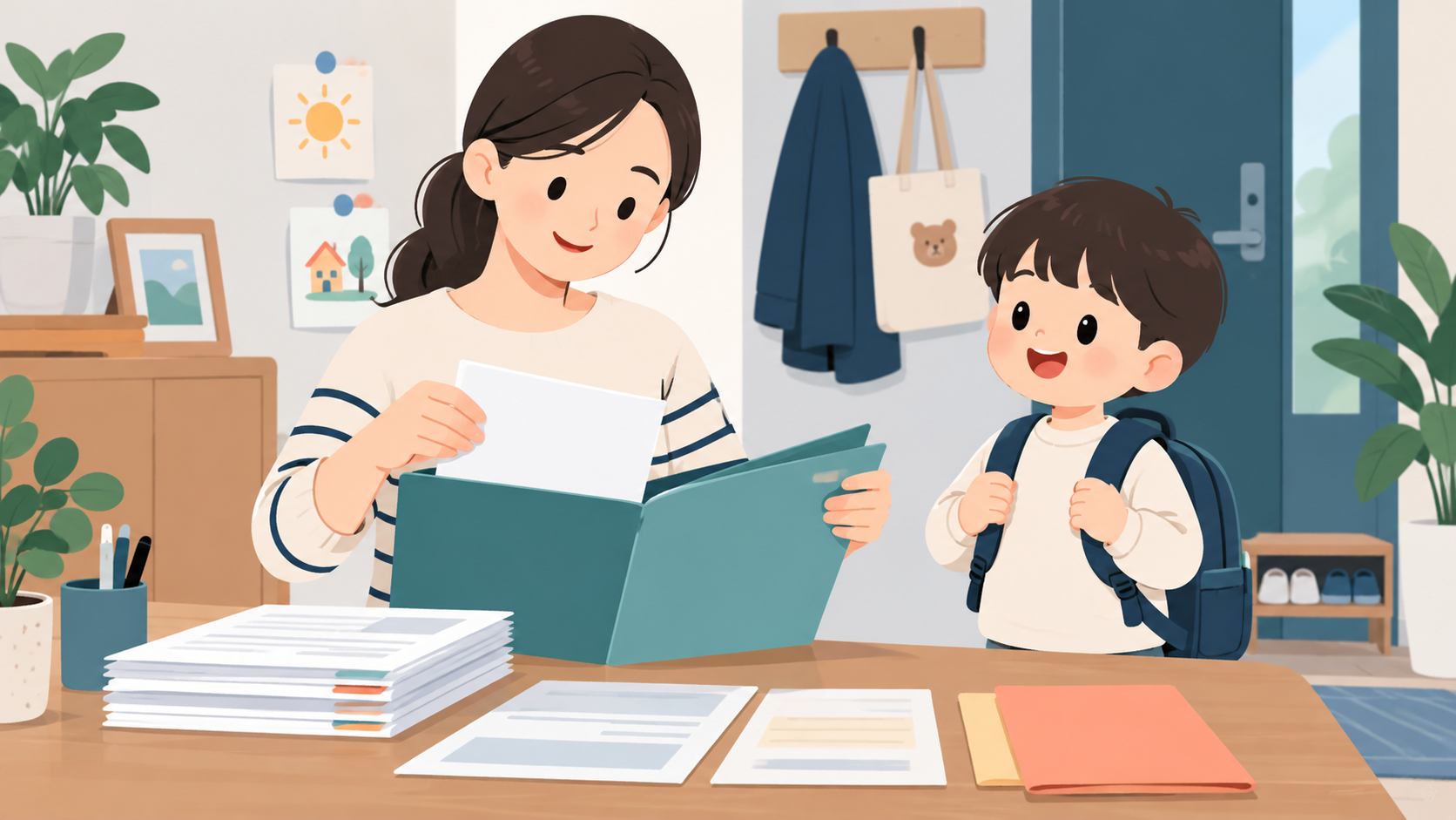보호자가 가방을 멘 아이 옆에서 제출 서류를 정리하는 일러스트