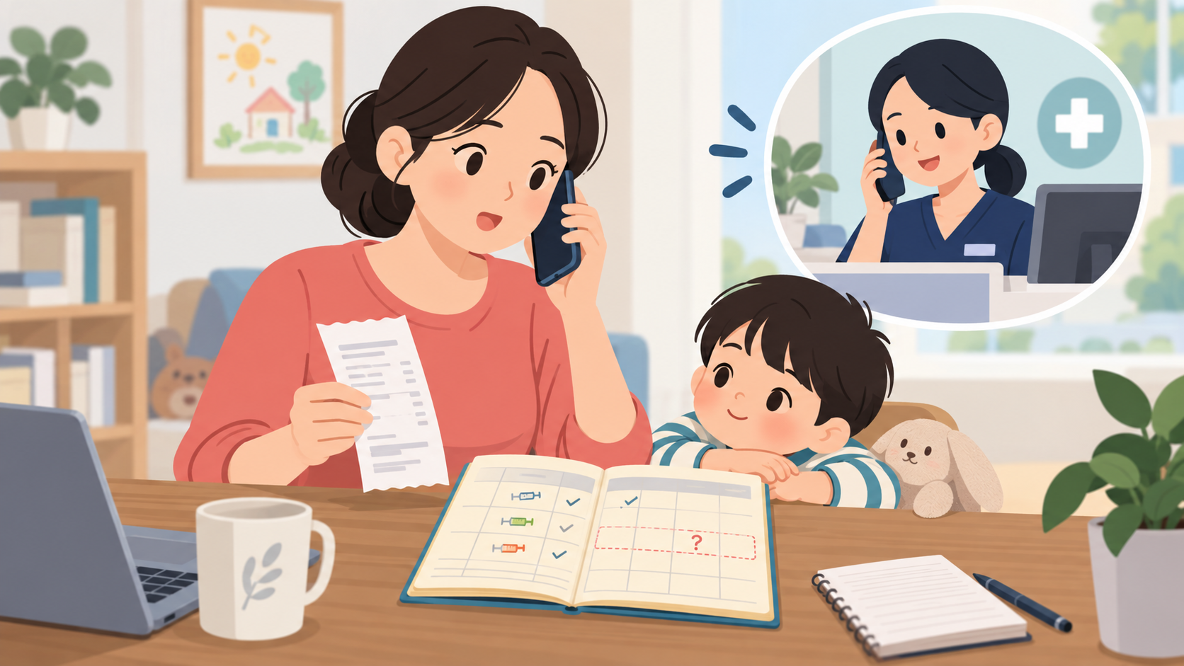 보호자가 예방접종 기록과 자료를 비교하며 전화로 문의하는 일러스트