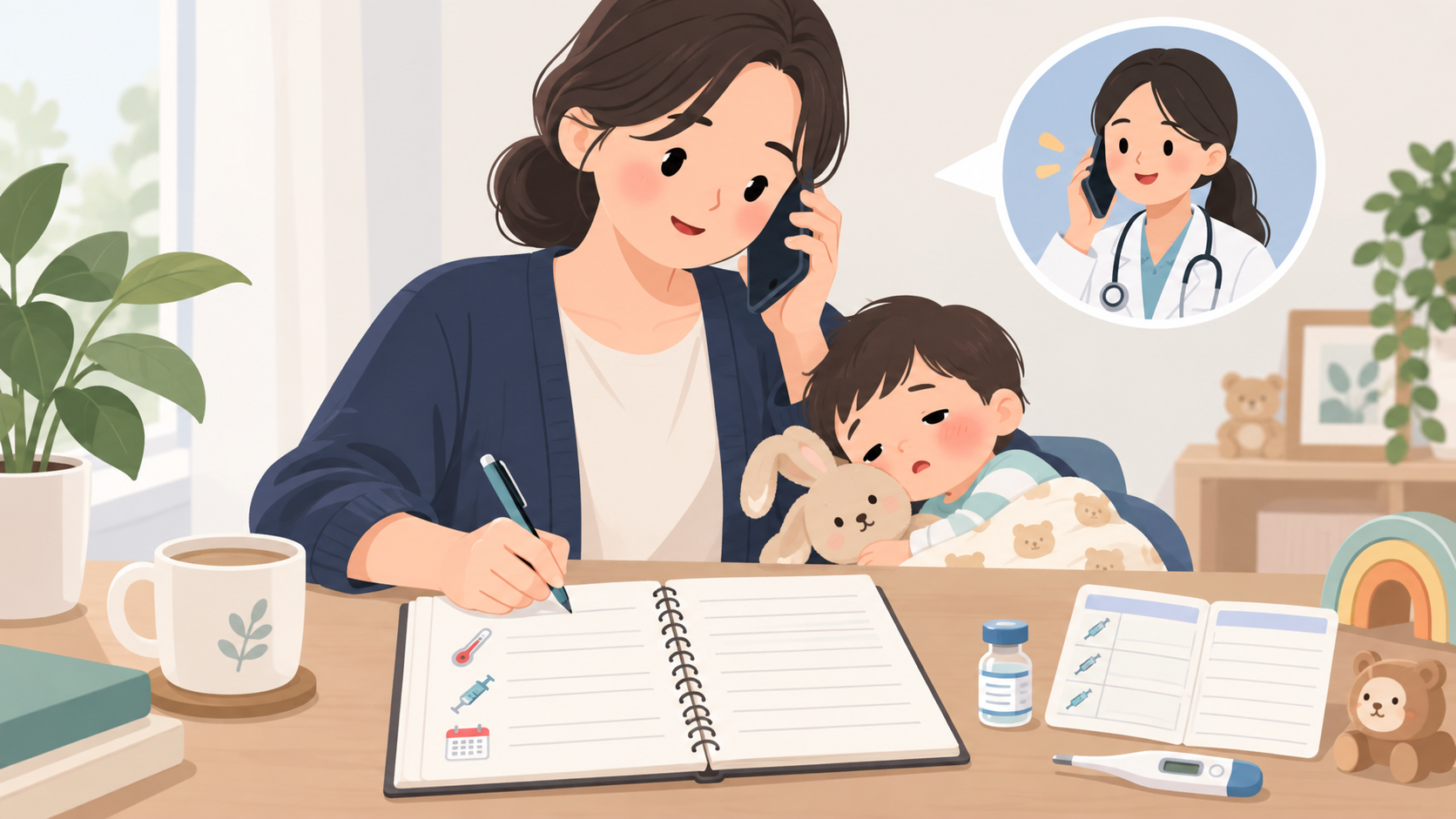 예방접종 후 이상반응을 기록하고 신고 방법을 확인하는 보호자 일러스트