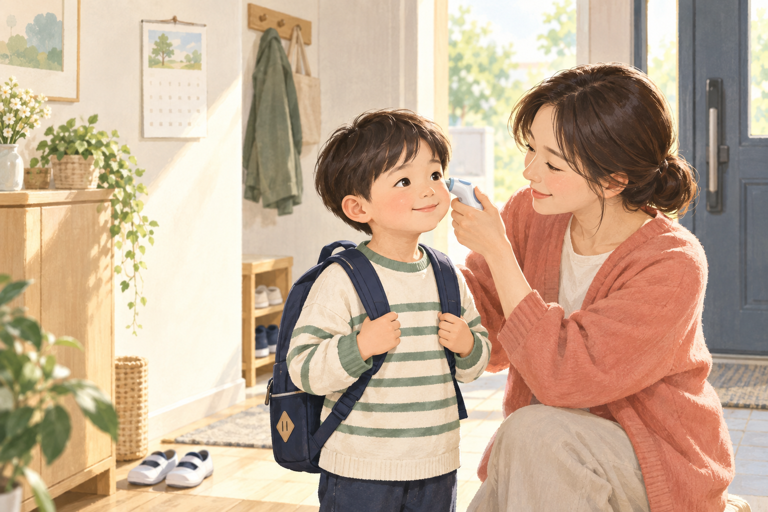 열이 내린 아이의 어린이집 등원 전 체온을 확인하는 보호자 일러스트