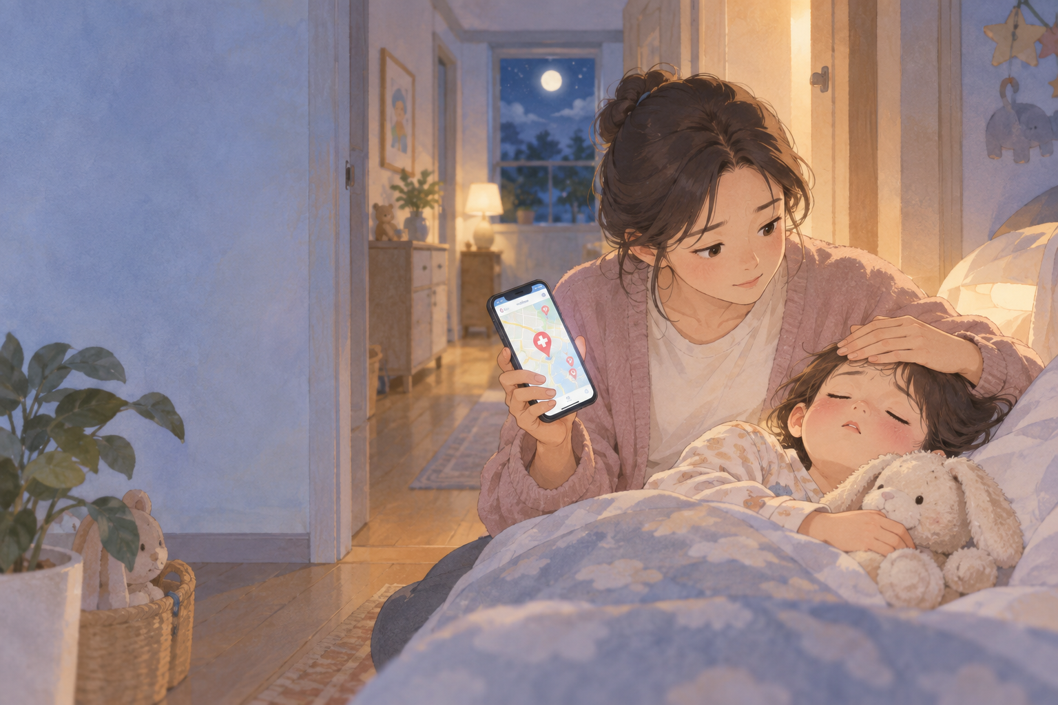 밤에 아이의 체온을 확인하며 야간 소아과를 찾는 보호자