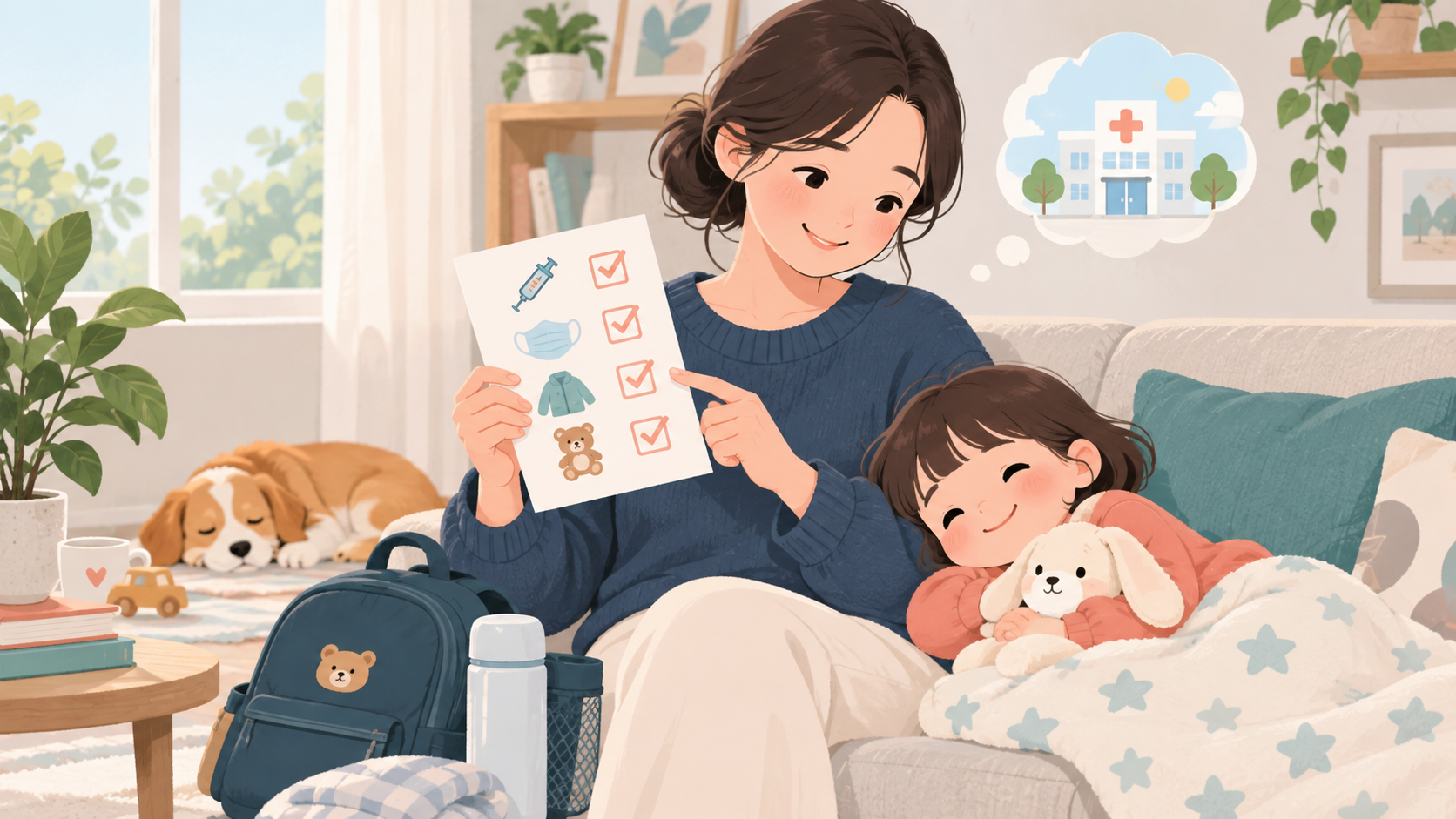 독감 예방접종 전날 준비 항목을 확인하는 보호자와 아이 일러스트