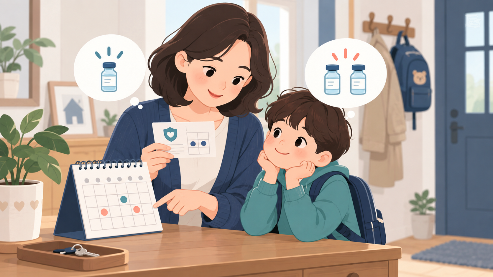아이 독감 예방접종 1회와 2회 대상을 확인하는 보호자와 아이 일러스트