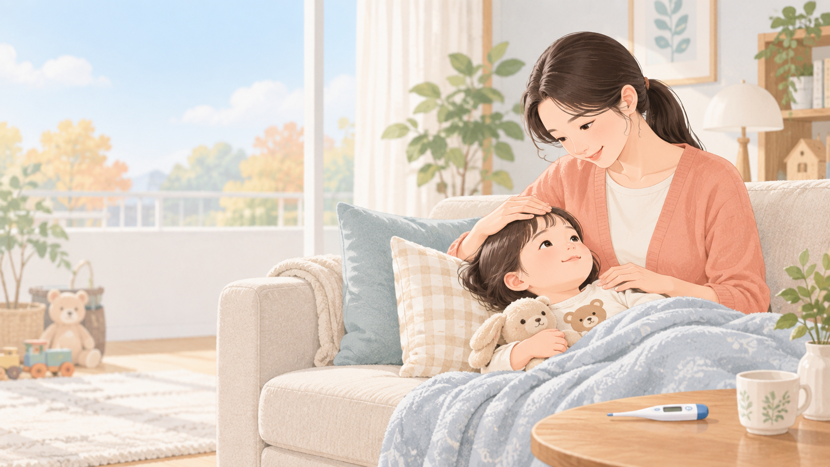 독감 예방접종 후 집에서 쉬는 아이를 살피는 보호자 일러스트