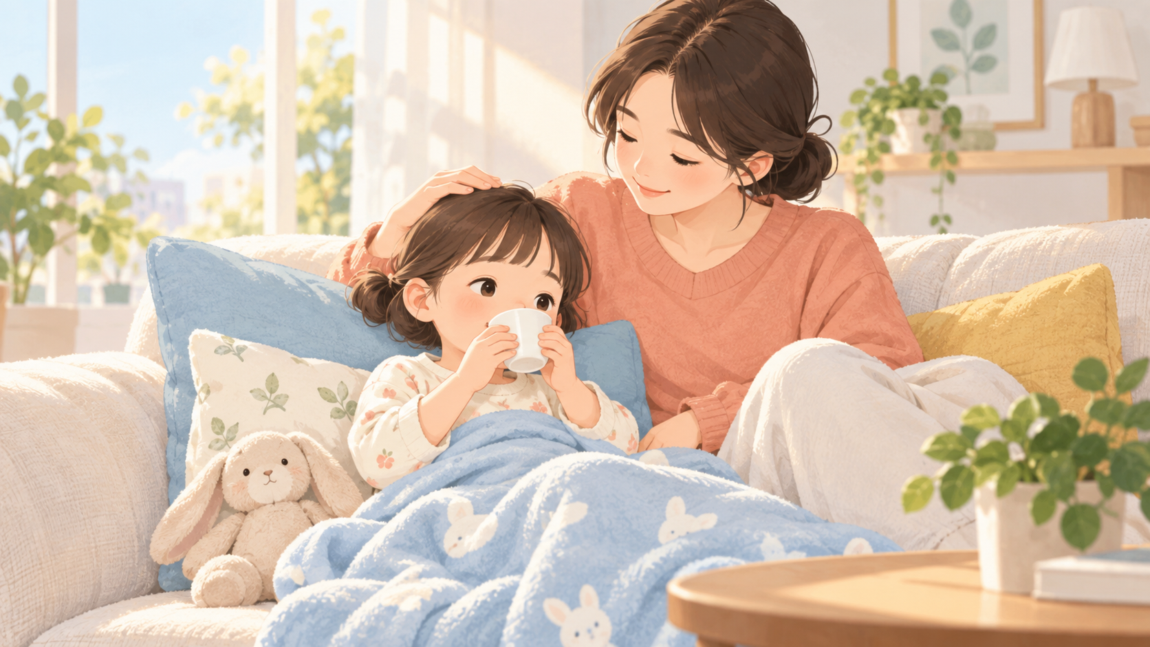 예방접종 후 아이가 물을 마시며 보호자와 쉬는 모습 일러스트