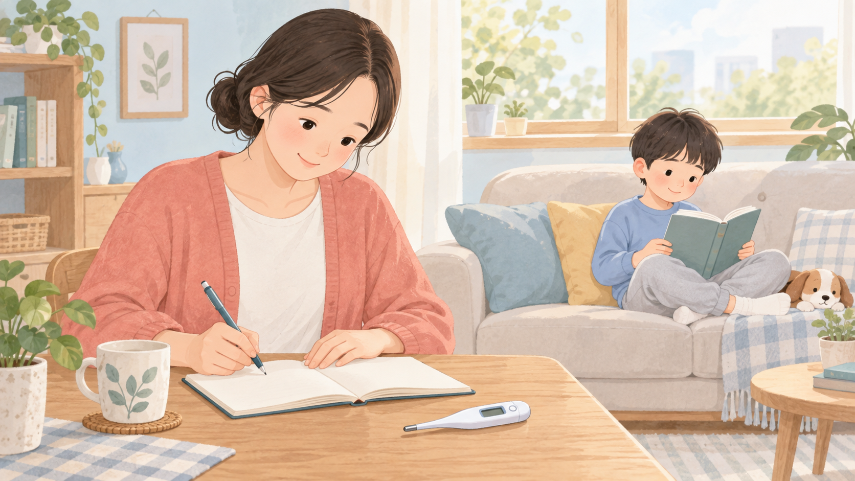 아이 독감 예방접종 후 열을 기록하는 보호자 일러스트