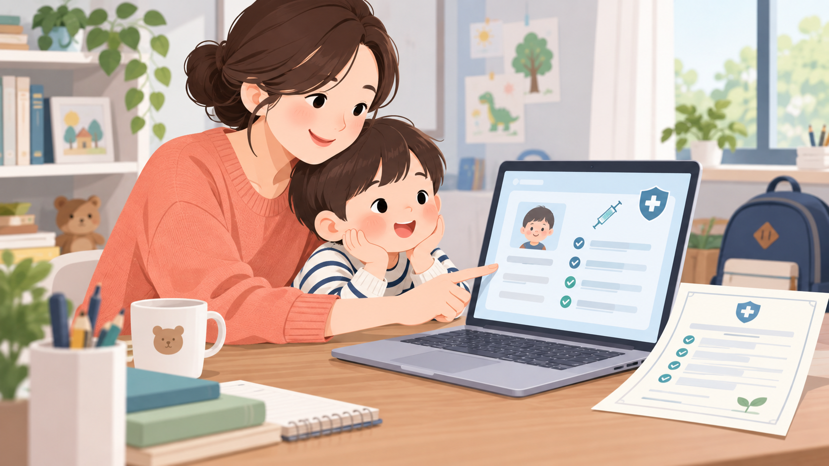 어린이 예방접종 기록과 증명서를 확인하는 보호자와 아이 일러스트