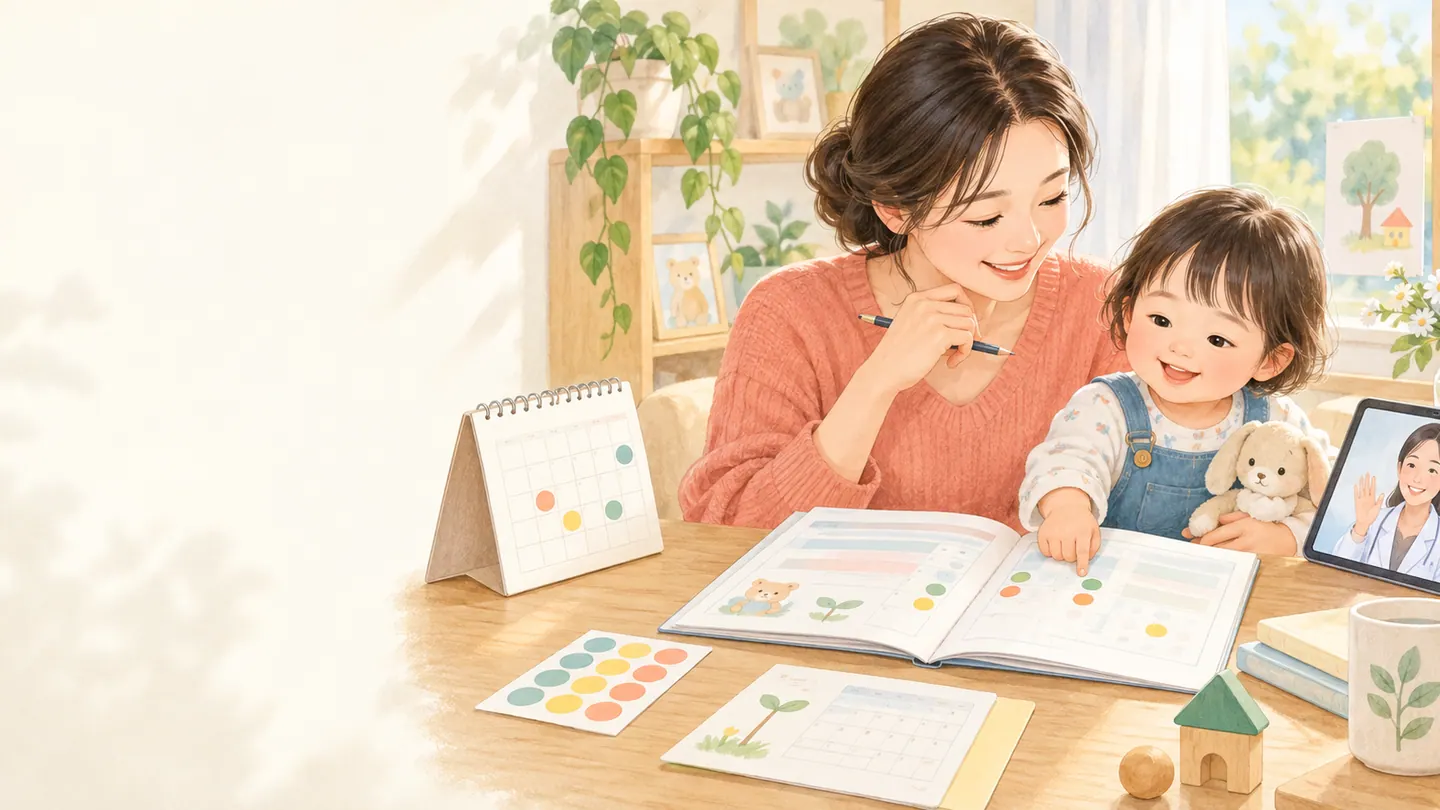 보호자와 아이가 달력 옆에서 기록 수첩을 확인하는 삽화